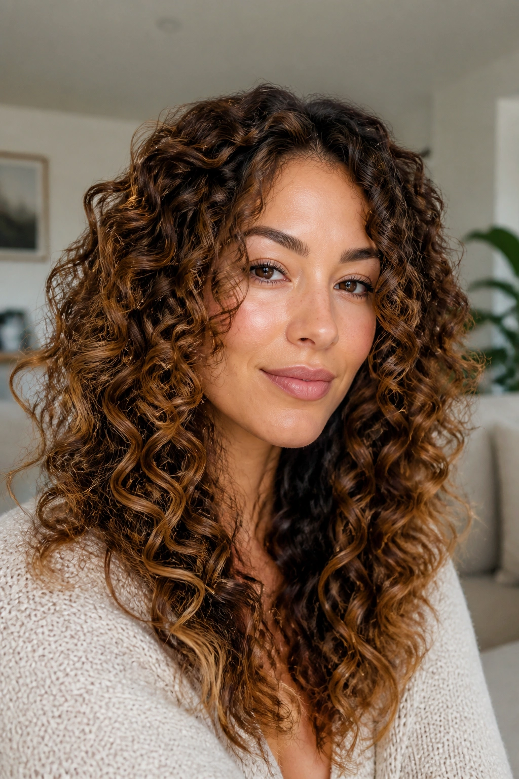 Real woman with chestnut-toffee bronde on curls.