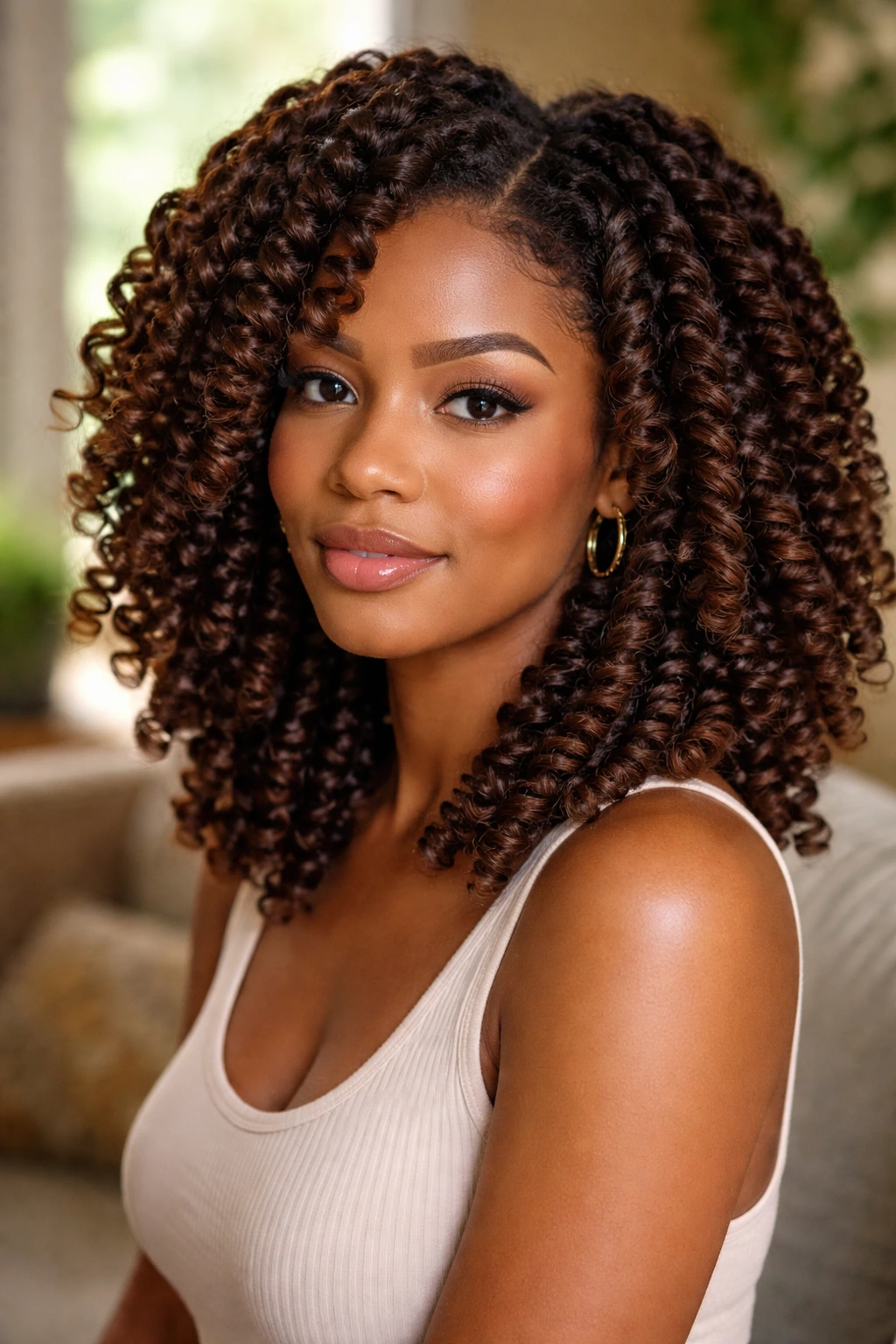 Close-up portrait of a woman with chestnut twist-out and shine.