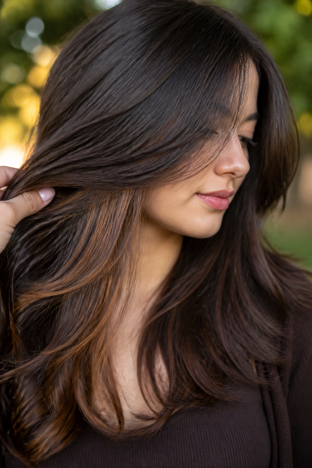 Portrait of a real woman showing chestnut underlayers peeking from the top hair layer.