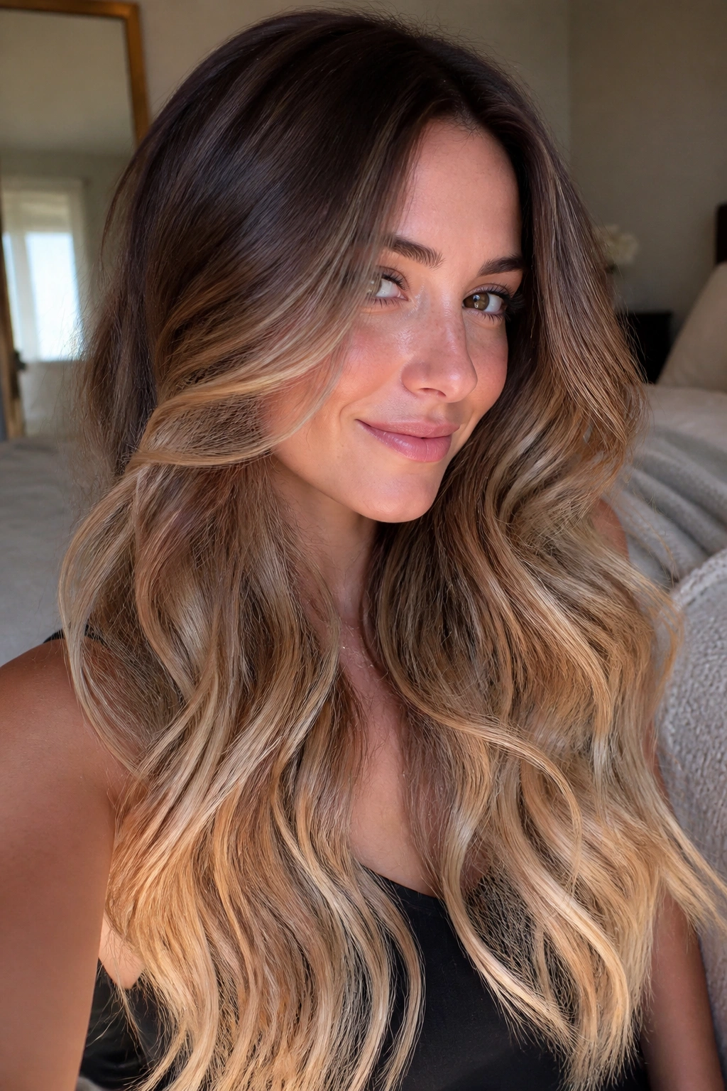 Close-up portrait of woman with chestnut roots fading to vanilla ends in long wavy hair