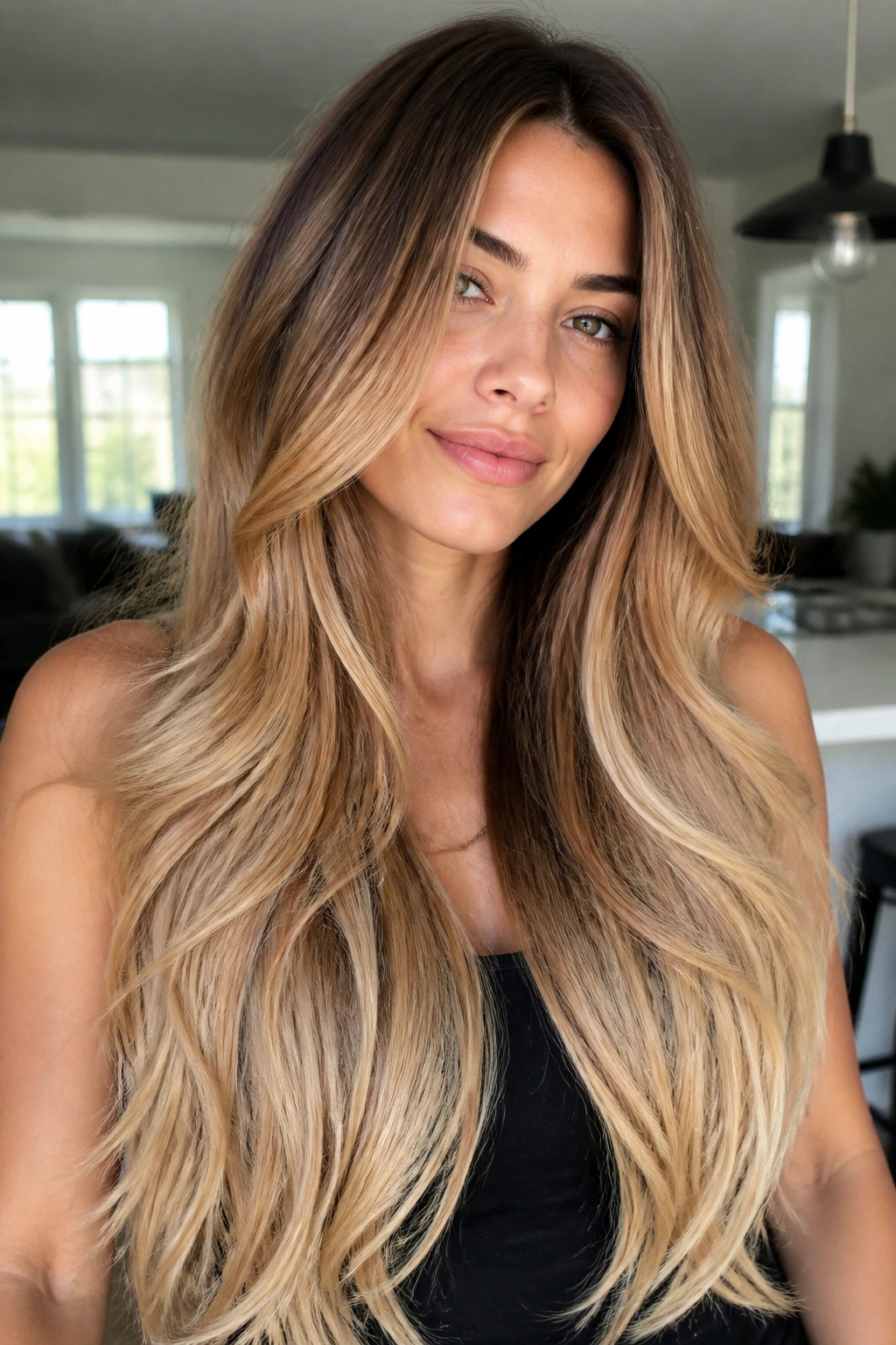 Portrait of a real woman with chestnut brown to wheat blonde ultra-long layered hair