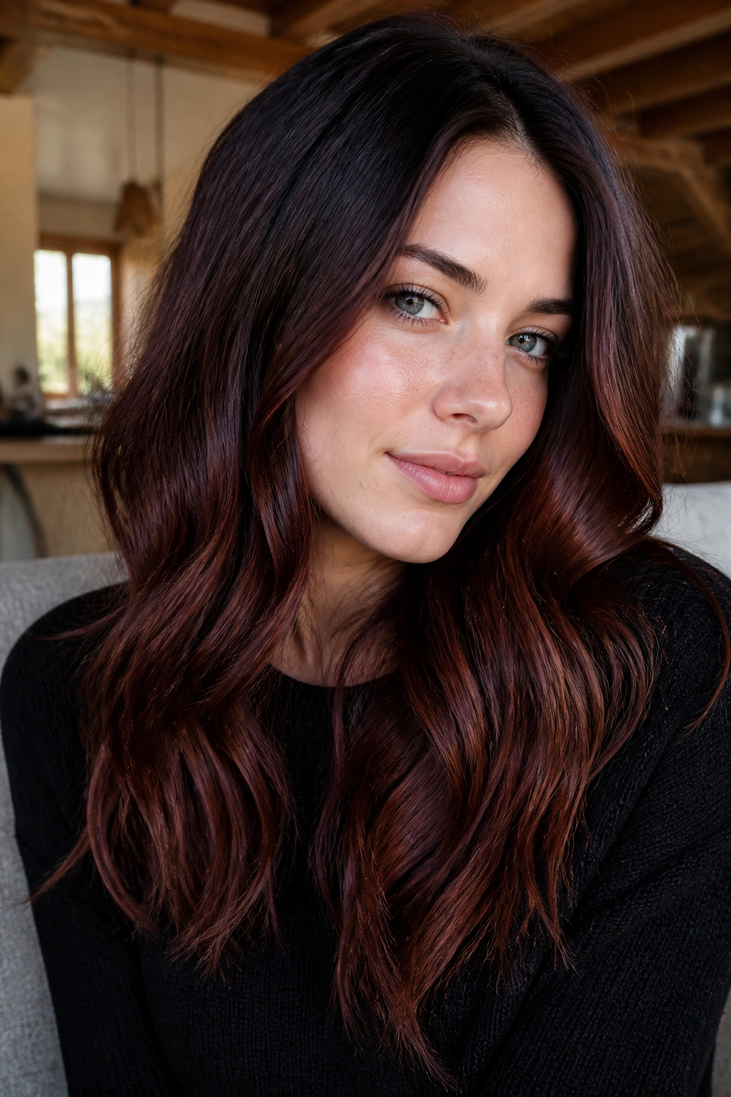 Close-up of a real woman with chestnut-wine melt hair in a warm living room light