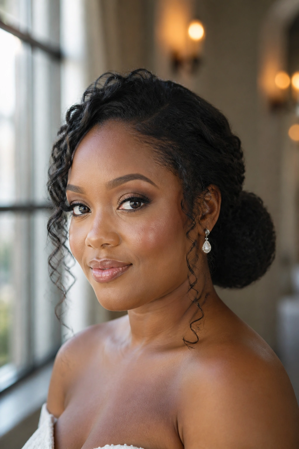 Close-up of a real woman wearing a low chignon with leave-out curls framing temples and neck