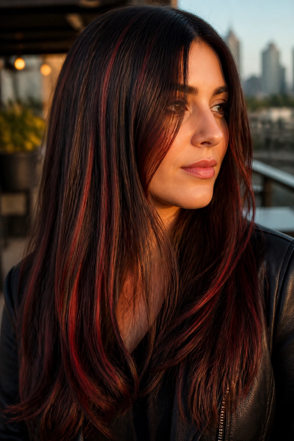 Real woman with chili chocolate balayage showing thin red ribbons against chocolate base