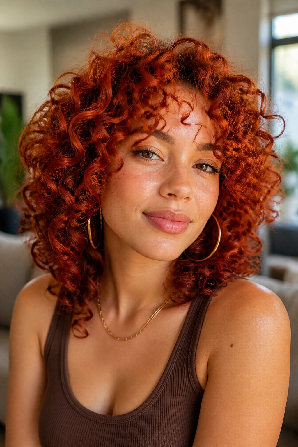 Close-up of a curly hairstyle in vivid copper-red on medium-length hair.