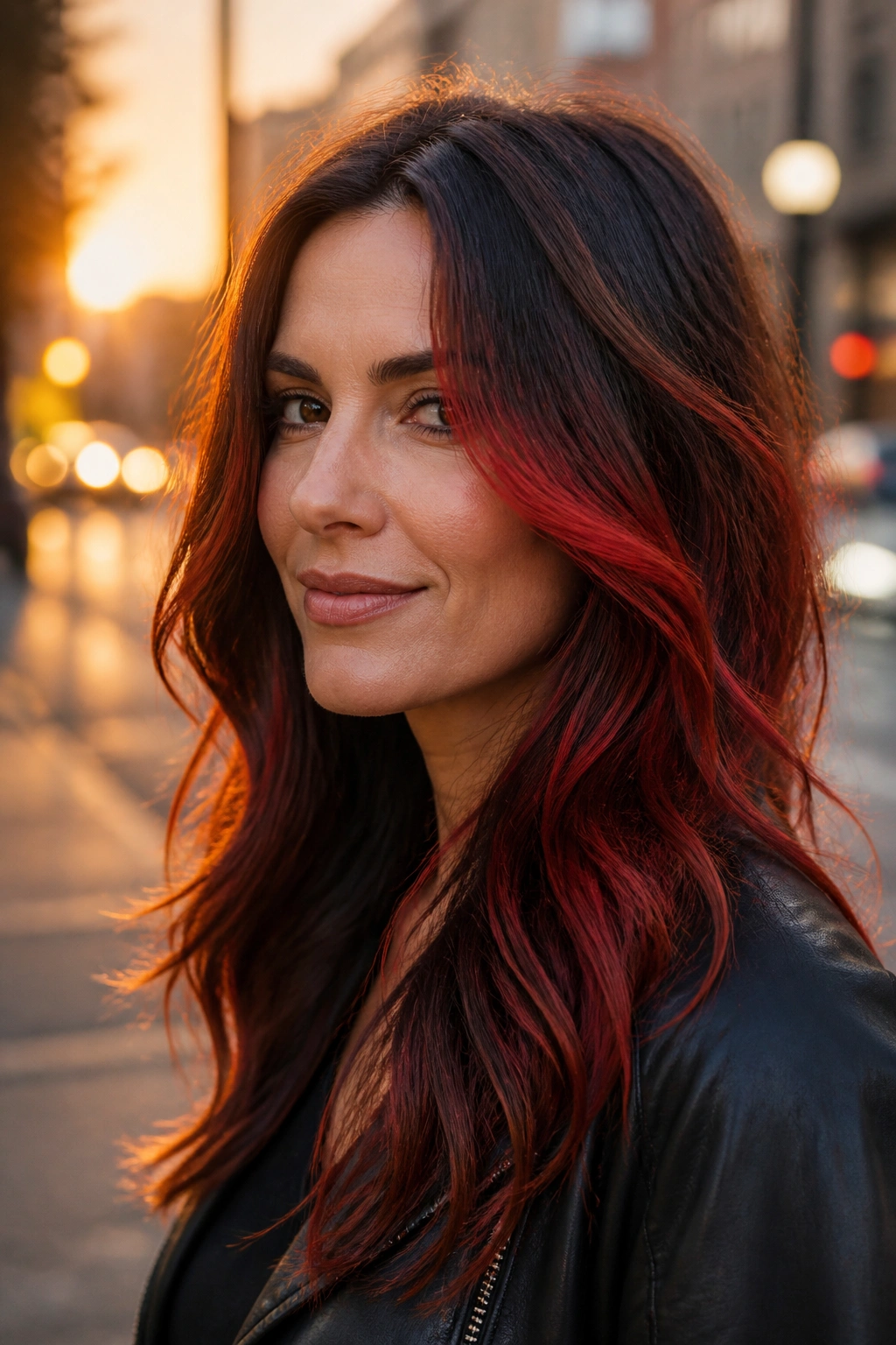 Close-up portrait of a real woman with chili-red dimension framing the face