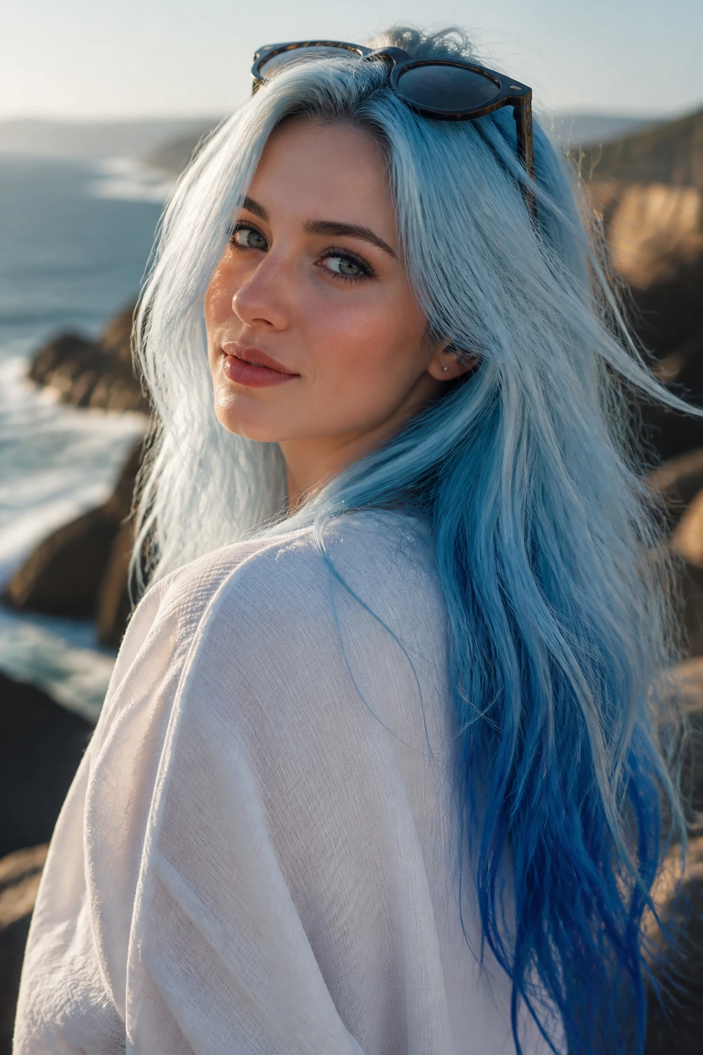 Real person with chilled sapphire pastel ends in long hair by the sea