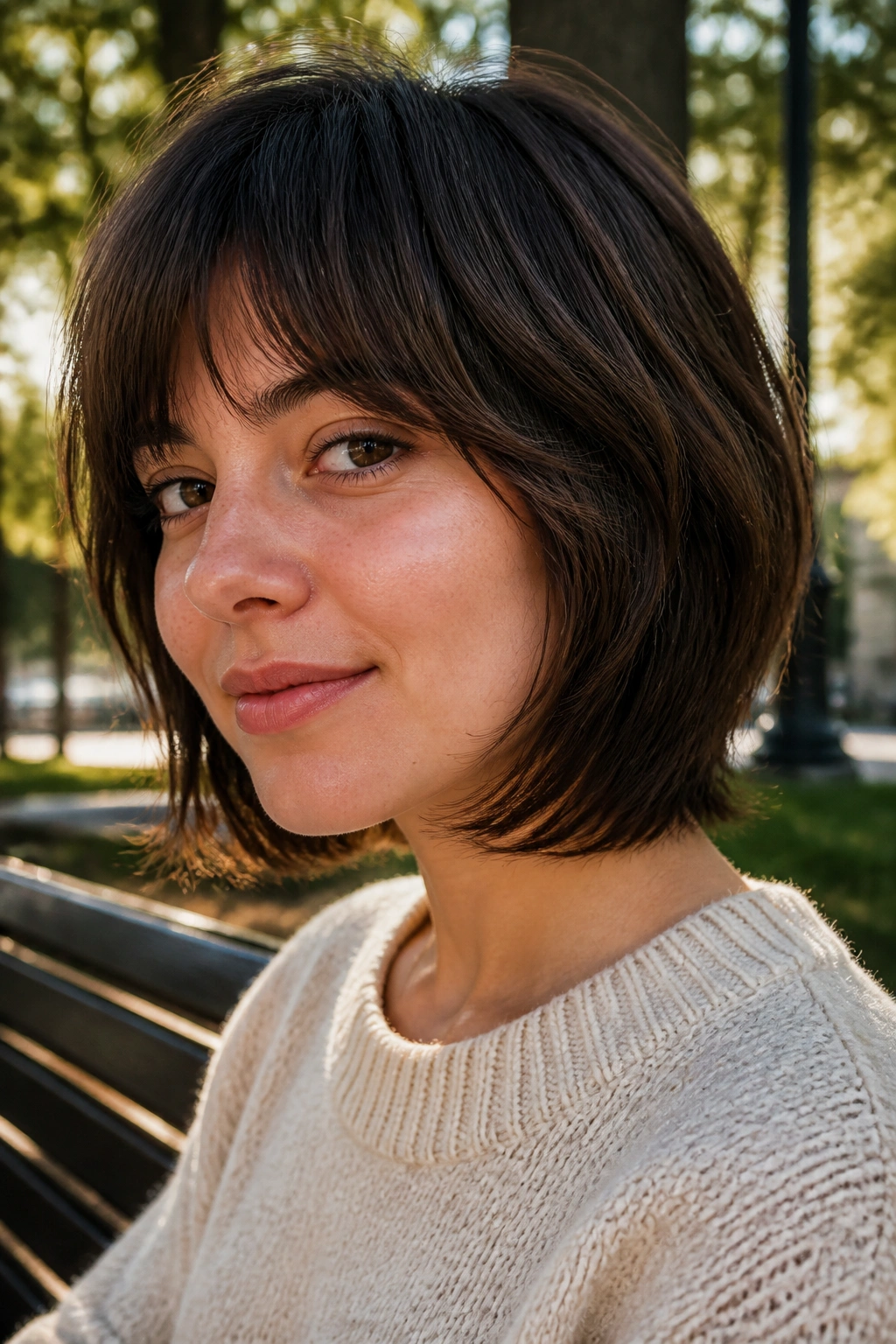 Portrait of a real person with chin-curve shag and rounded bottom.