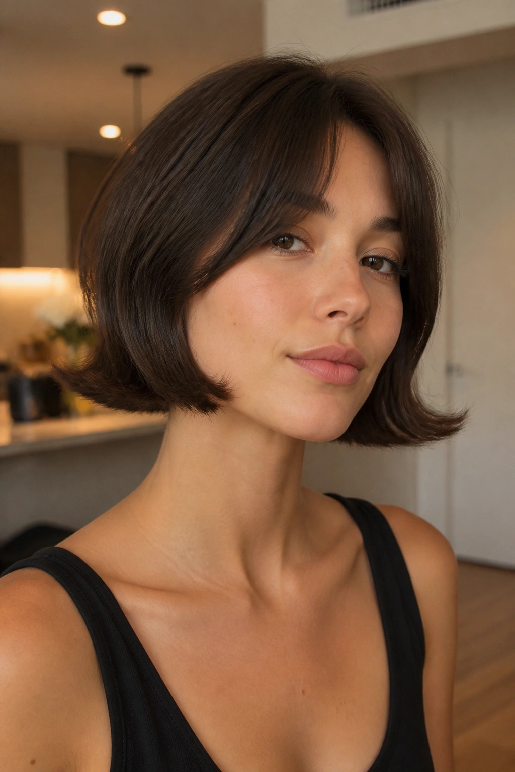 Close-up of a real woman with chin-flip French bob featuring outward-facing chin-length ends