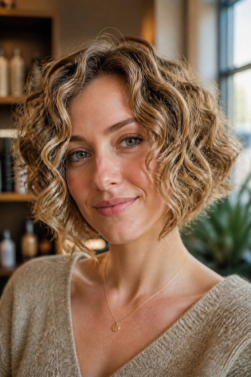 Real woman with chin-framing curly bob and internal layers in warm light.