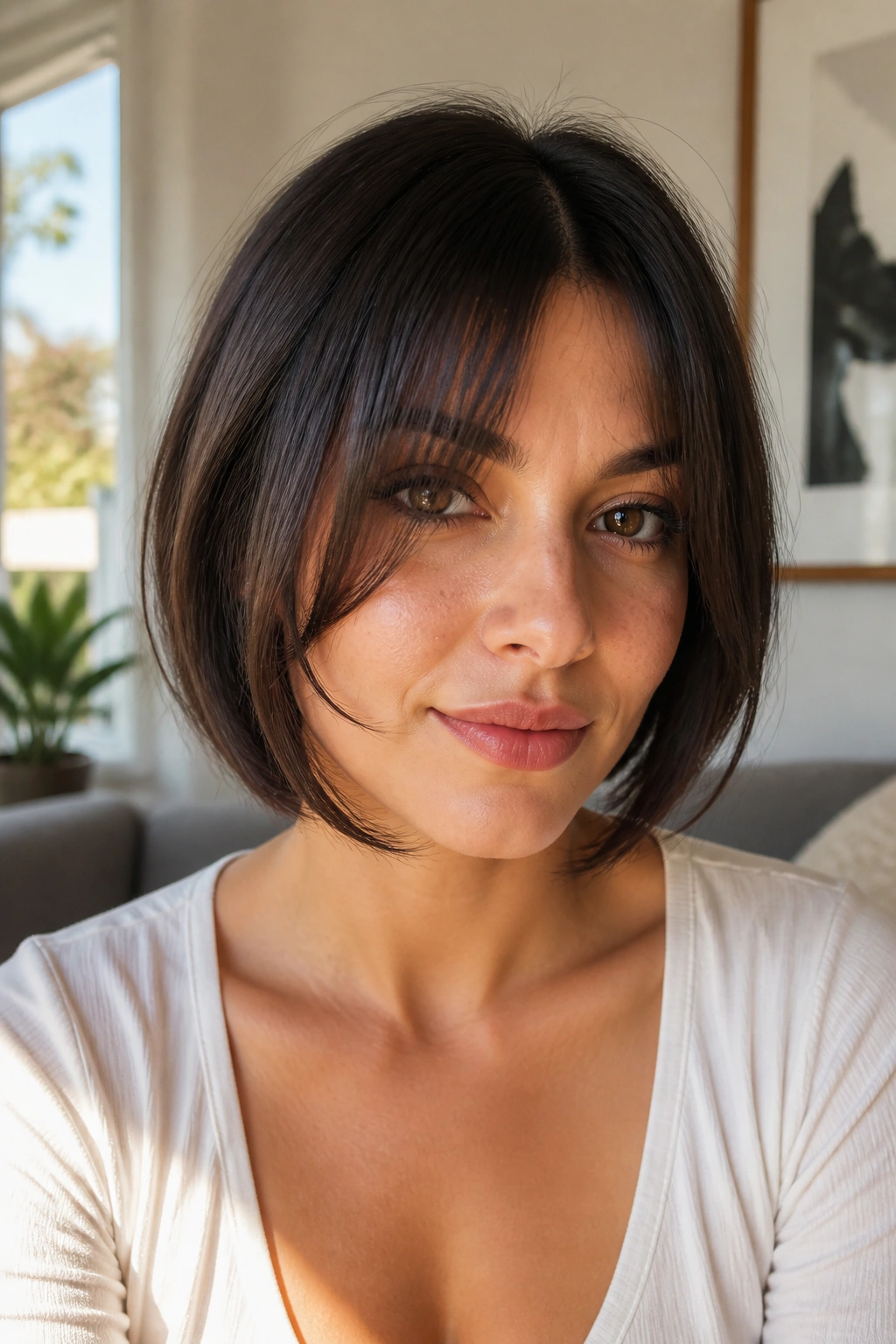 Close-up portrait of a real woman with chin-grazing curtain bangs and soft ends