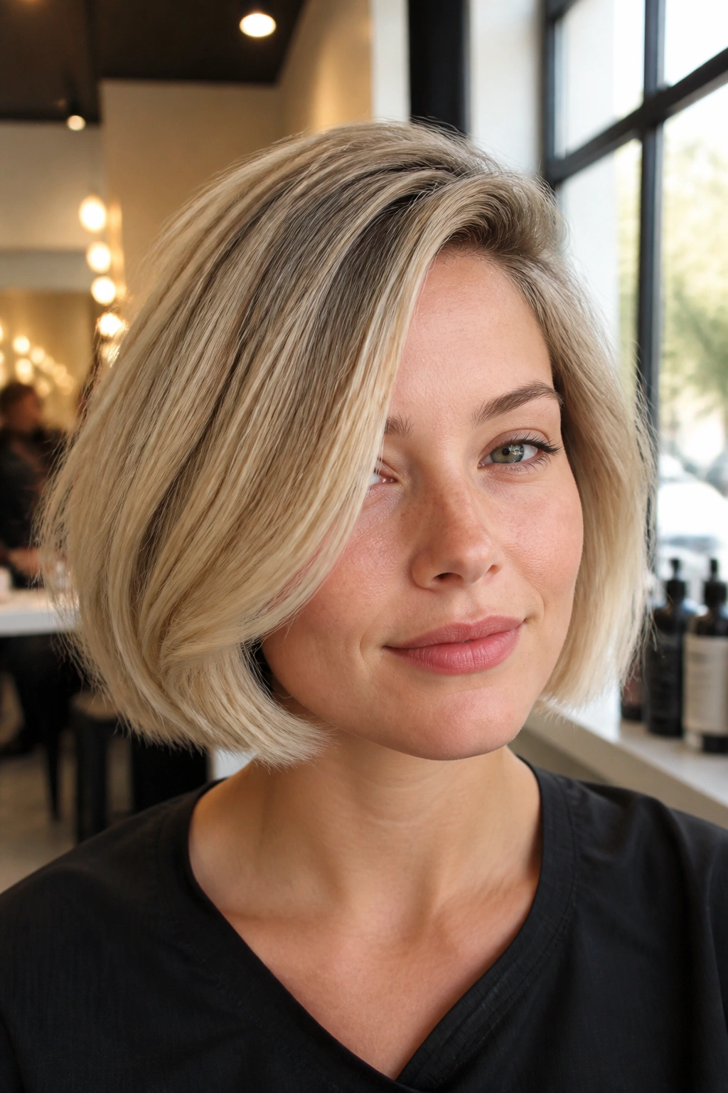 Close-up portrait of a real woman with chin-grazing French bob and deep side part in beige blonde