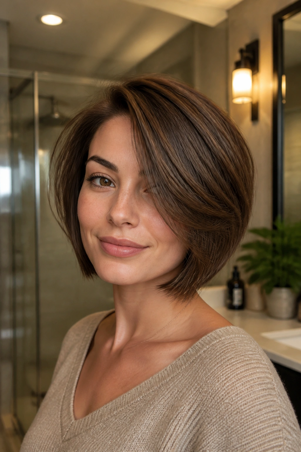 Portrait of a real woman with Chin-Grazing Bob with Side Sweep in brown hair