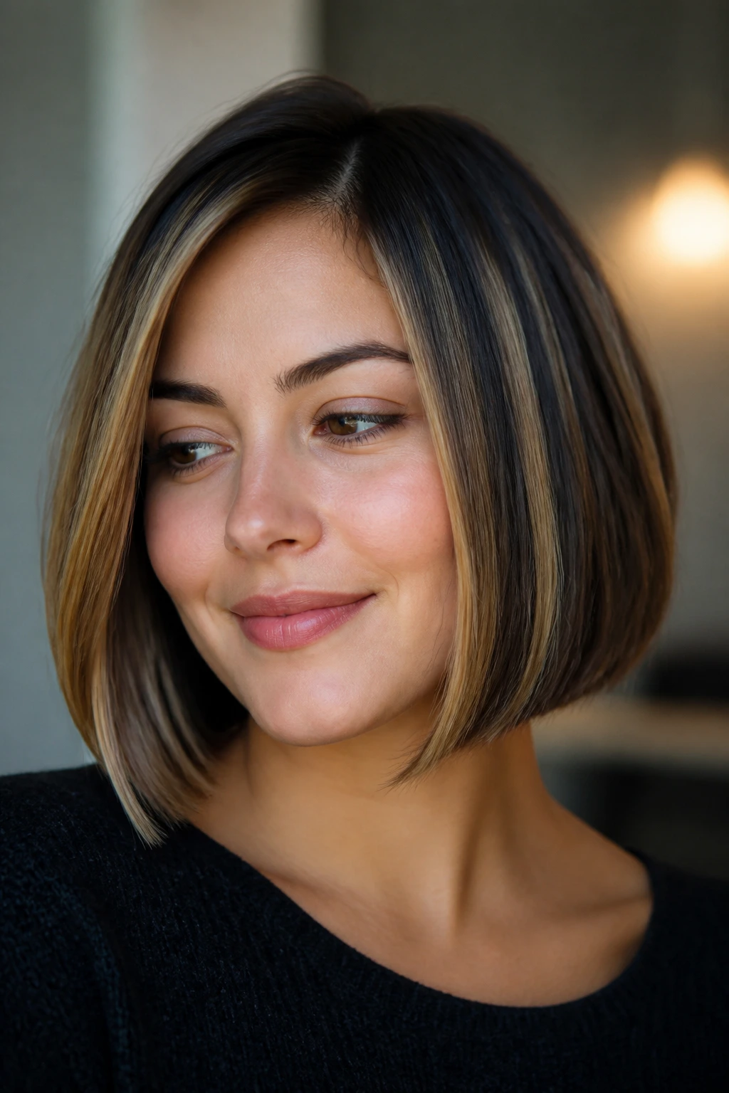 Real woman in chin-length bob with vertical caramel streaks in natural light