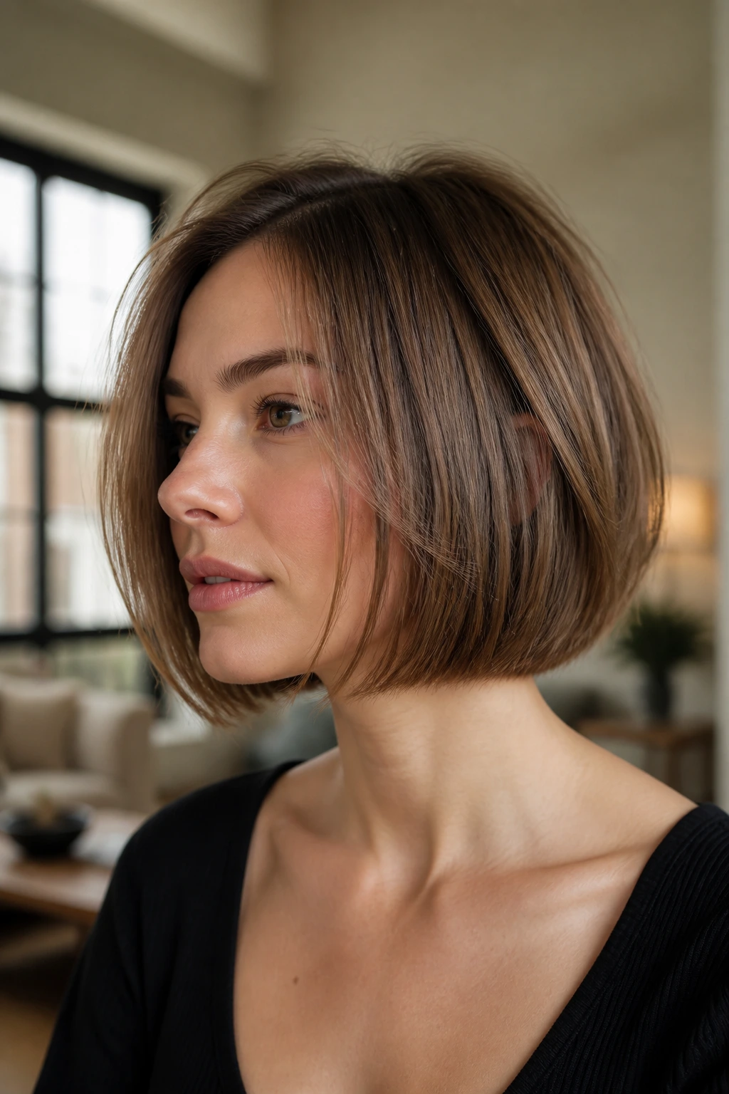 Portrait of a real woman with a chin-length bob featuring invisible layers.