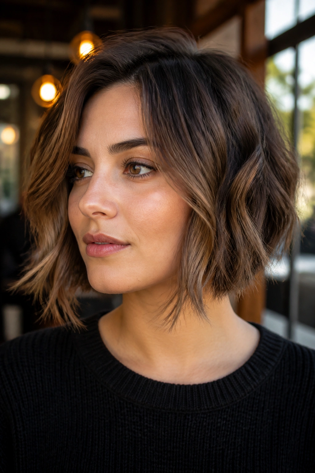 Close-up of a real woman wearing a chin-length bob with longer front pieces below the chin