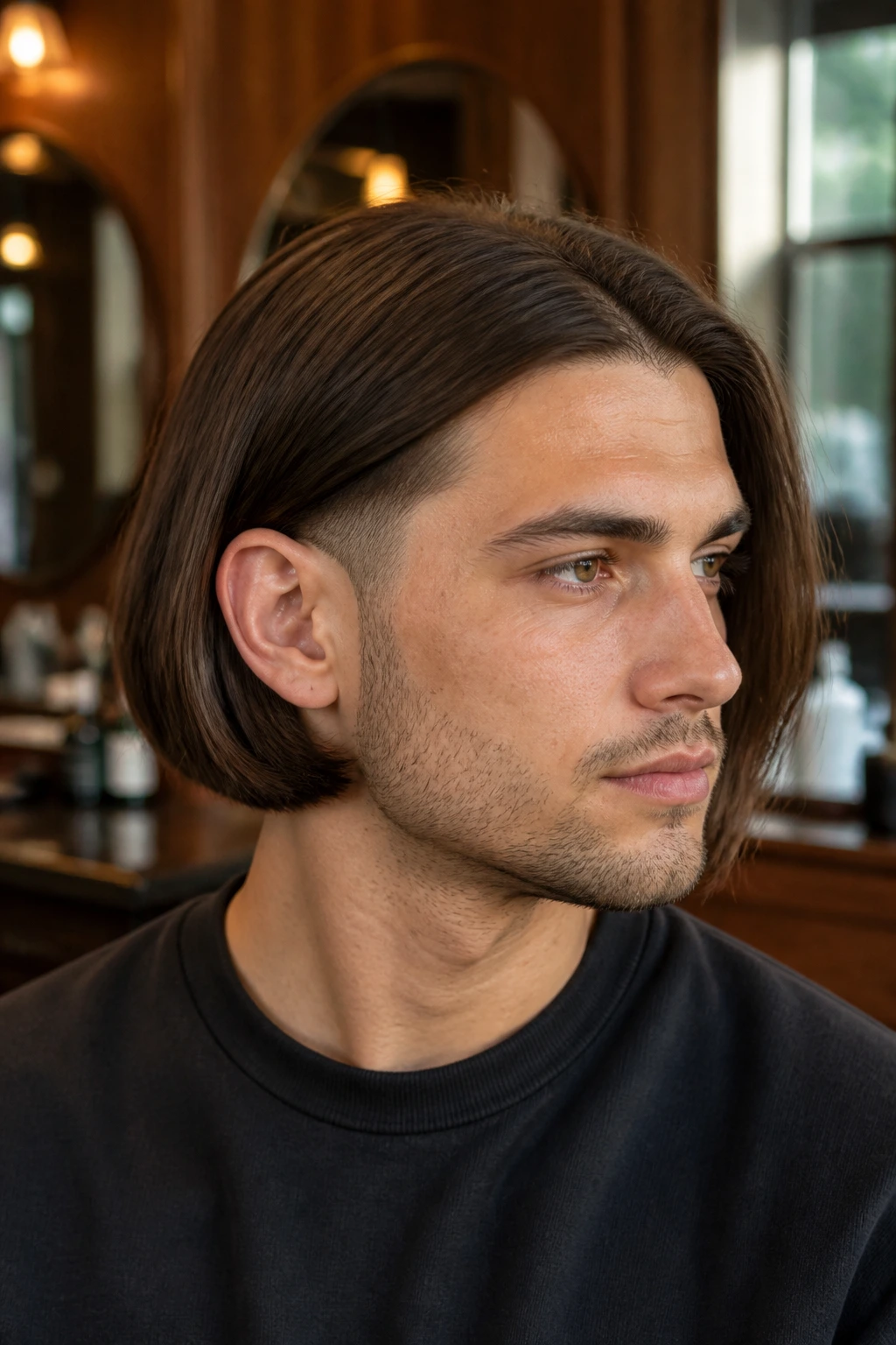 Close-up portrait of a man with a chin-length bob and low fade