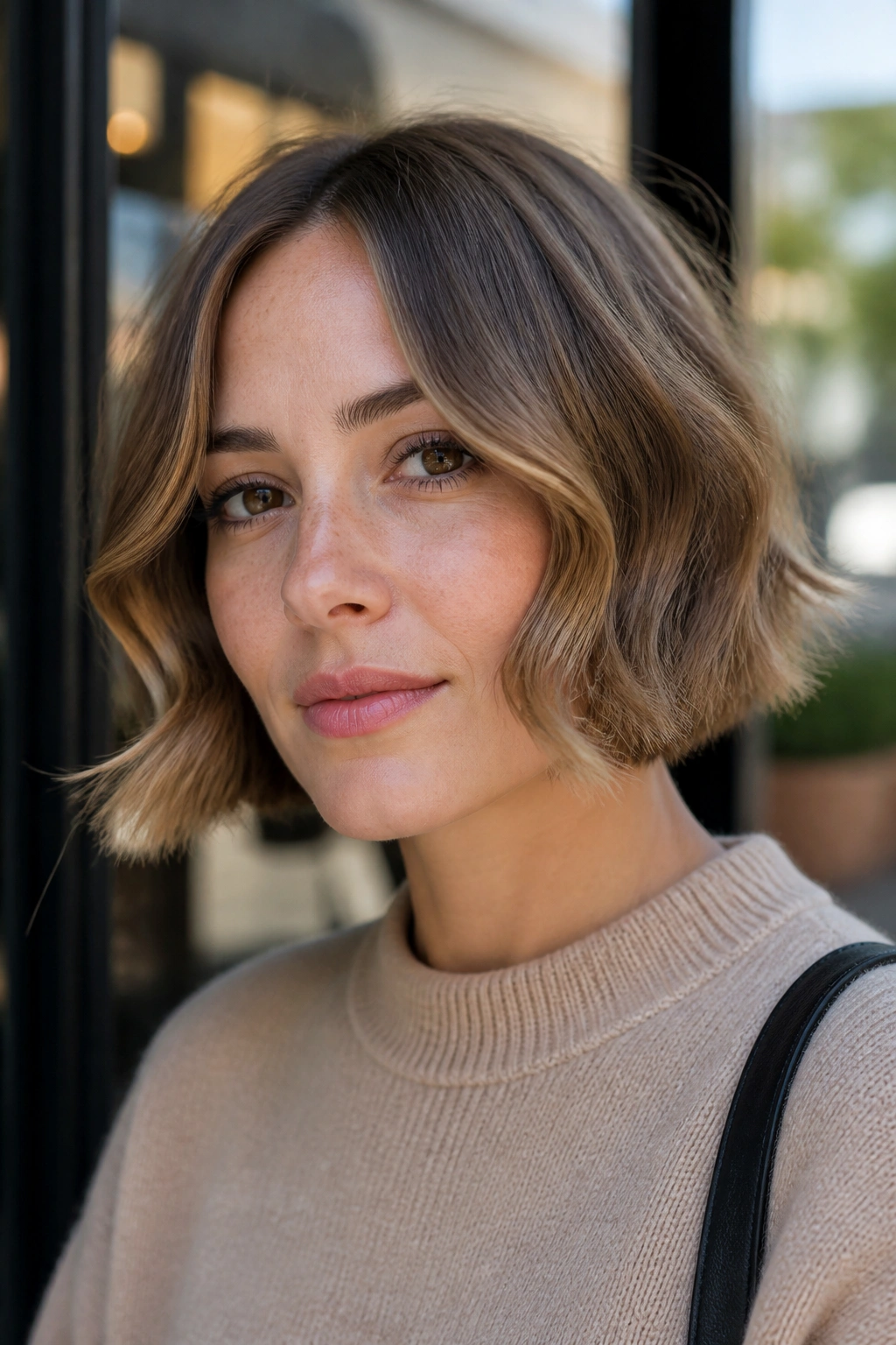 Chin-length bob with face-framing S-waves on real woman in outdoor cafe light.
