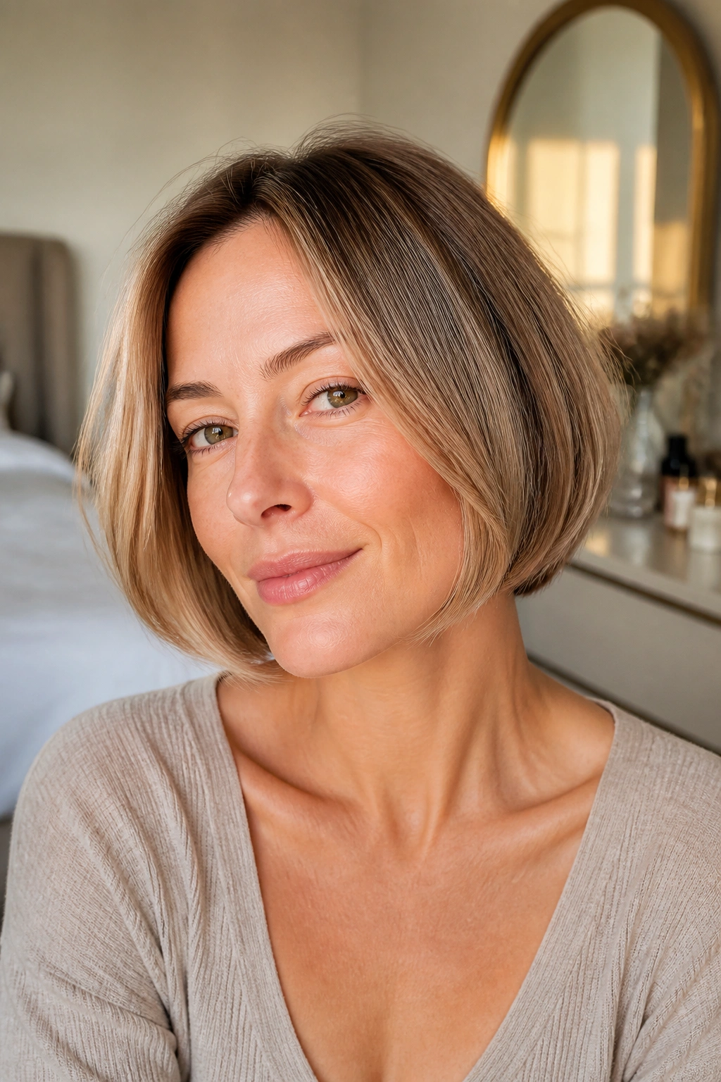 Close-up portrait of a real woman with chin-grazing rounded bob and soft ends in warm natural light.