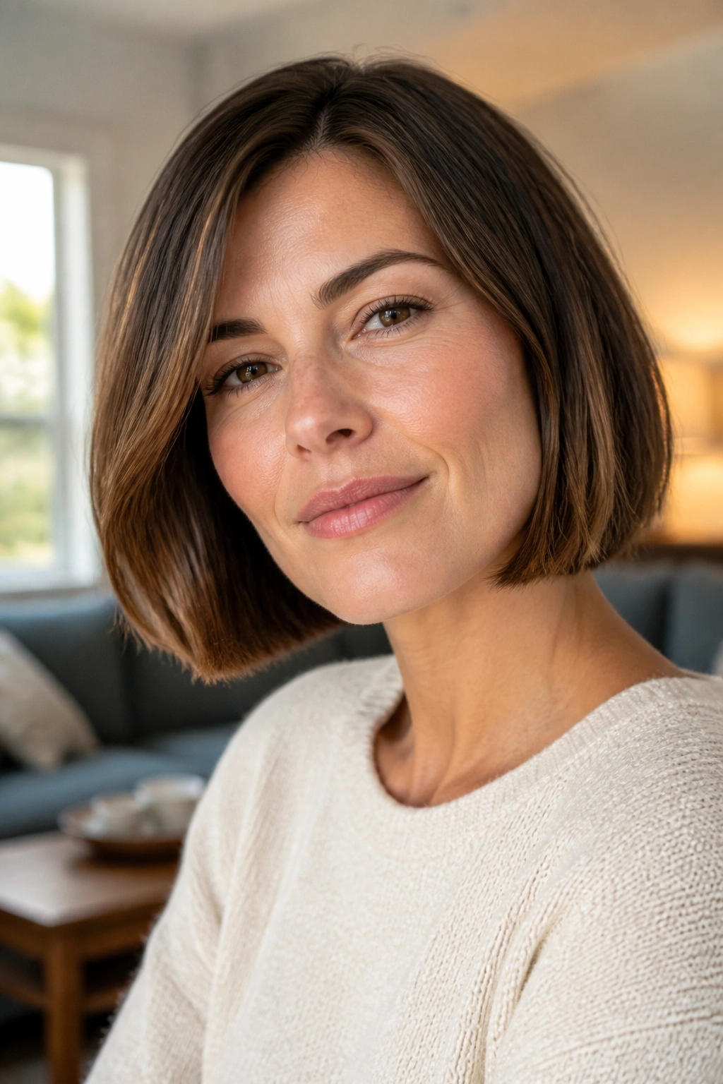 Close-up portrait of a real woman with a chin-grazing bob and soft ends for square faces