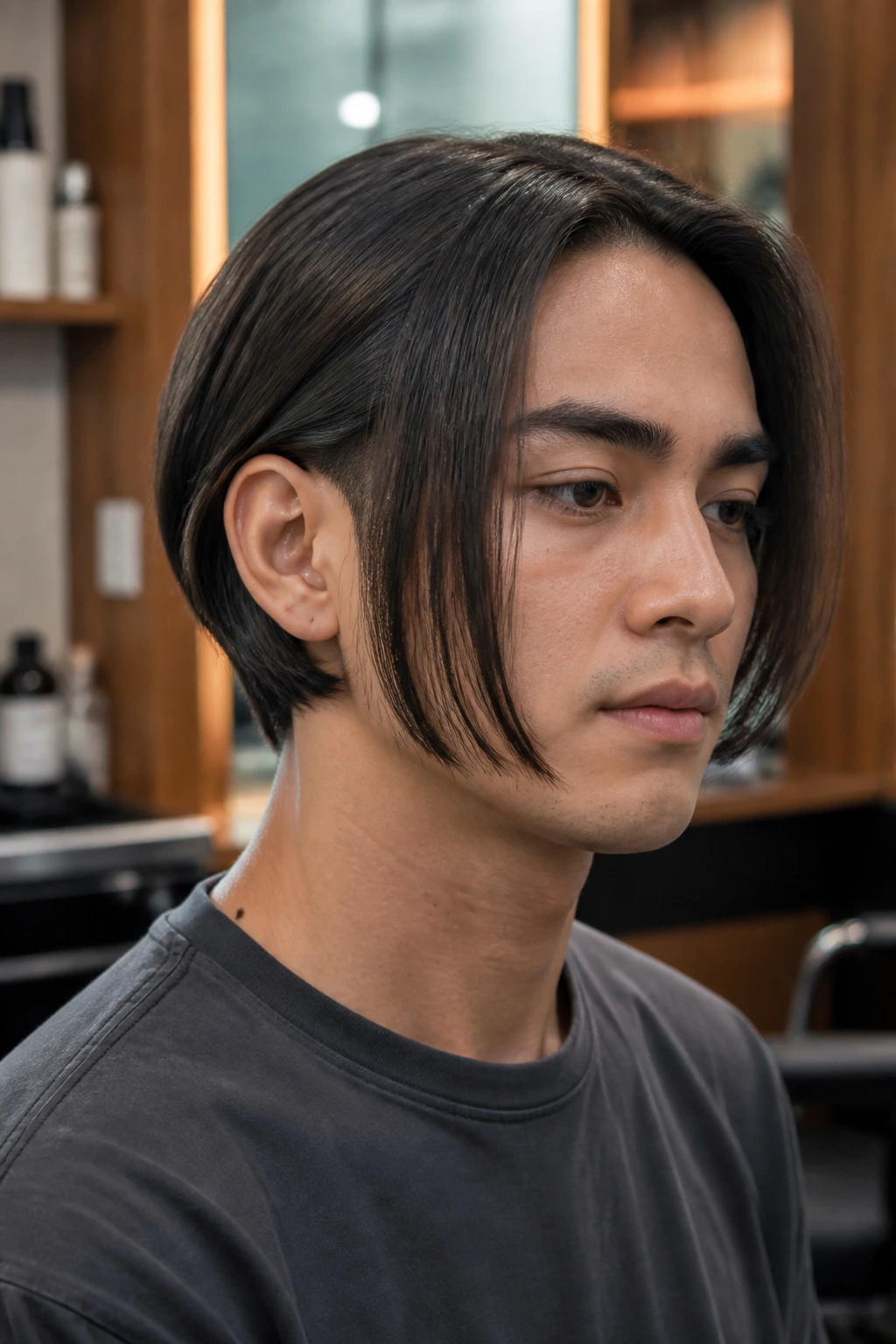 Close-up of a man with chin-grazing inverted bob and tucked sides behind the ears.