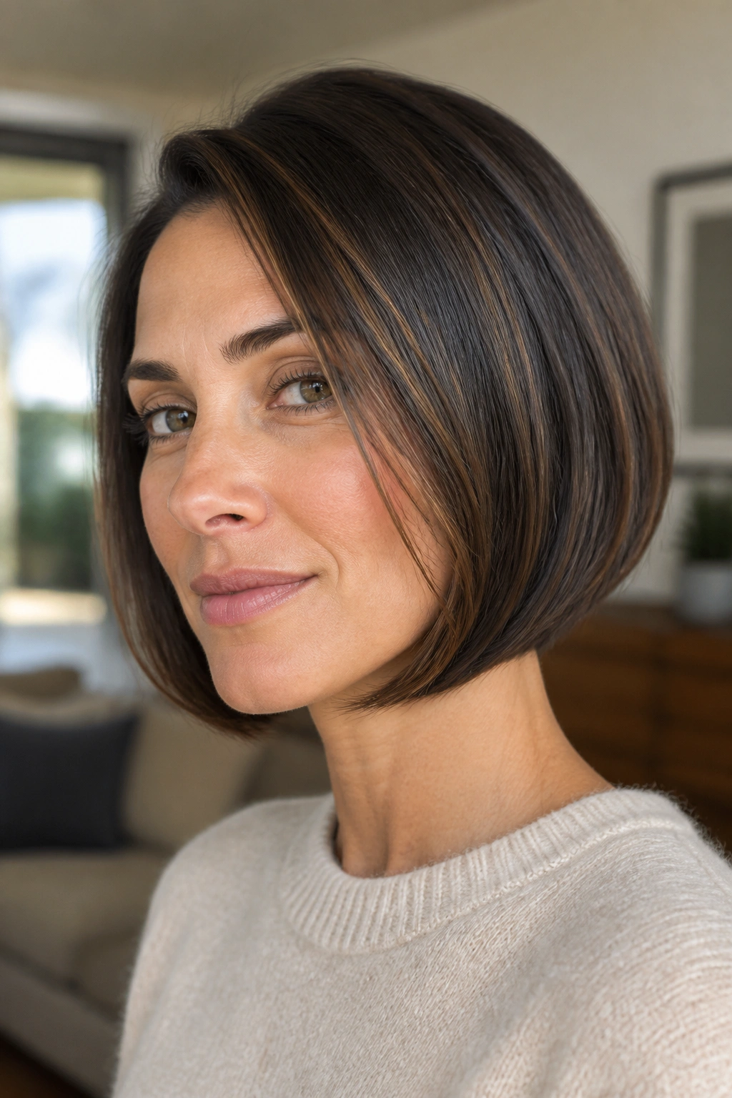 Close-up portrait of a real woman with a chin-grazing bob tucked-under ends