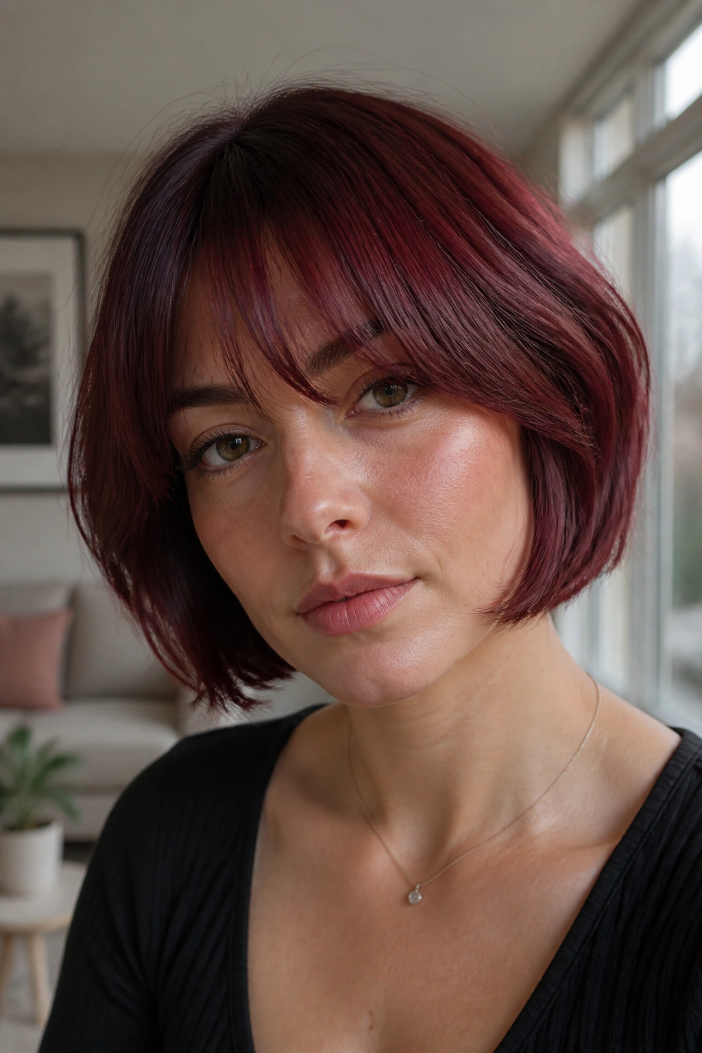 Close-up of a woman with chin-grazing burgundy French bob and airy fringe.