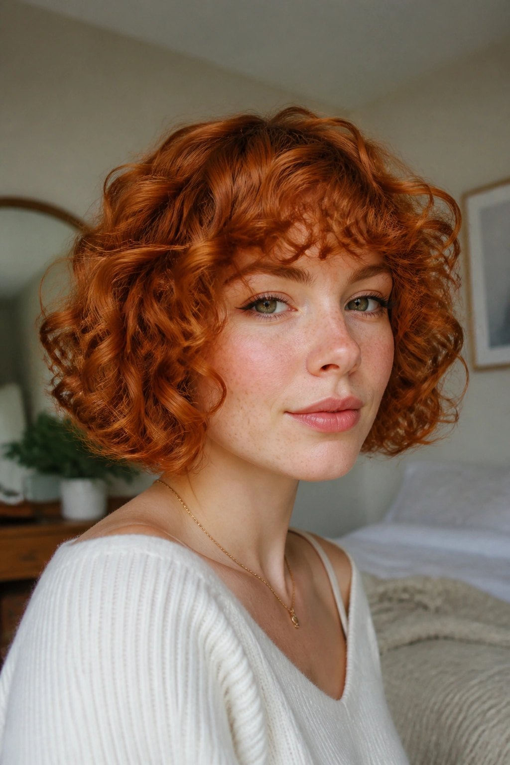 Close-up of chin-grazing ginger curls on a real person