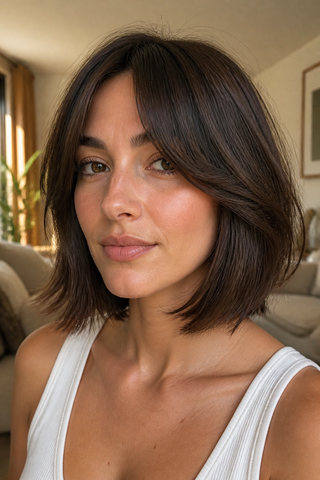 Close-up of a real woman with chin-grazing curtain bangs in warm window light