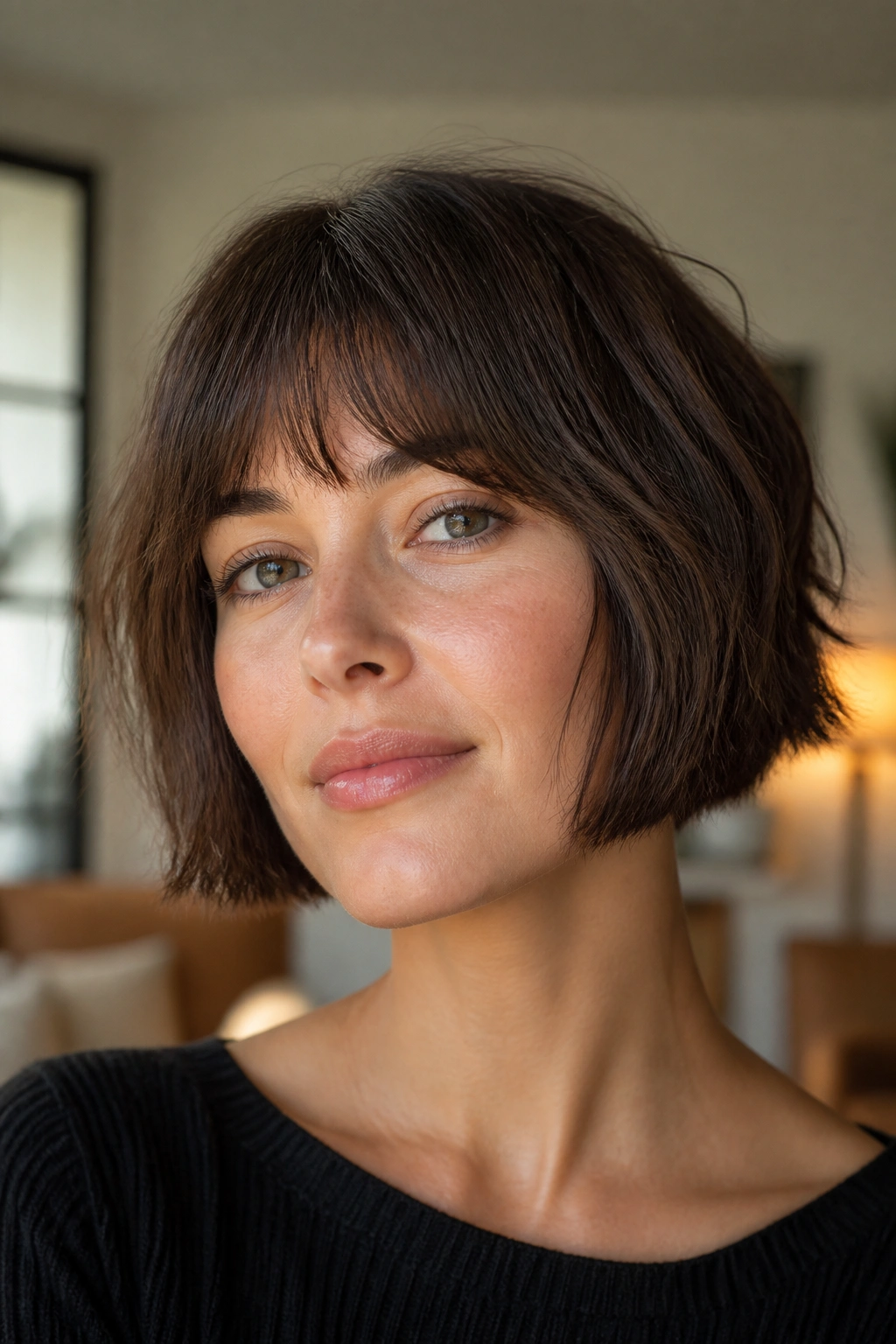 Close-up of chin-grazing French bob with broken ends on a real woman, natural window light