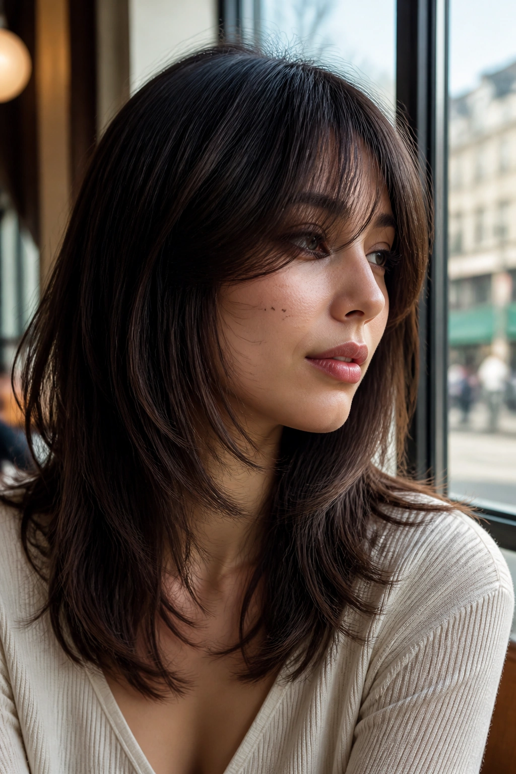 Real person with chin-grazing fringe blending into layers in natural cafe daylight.