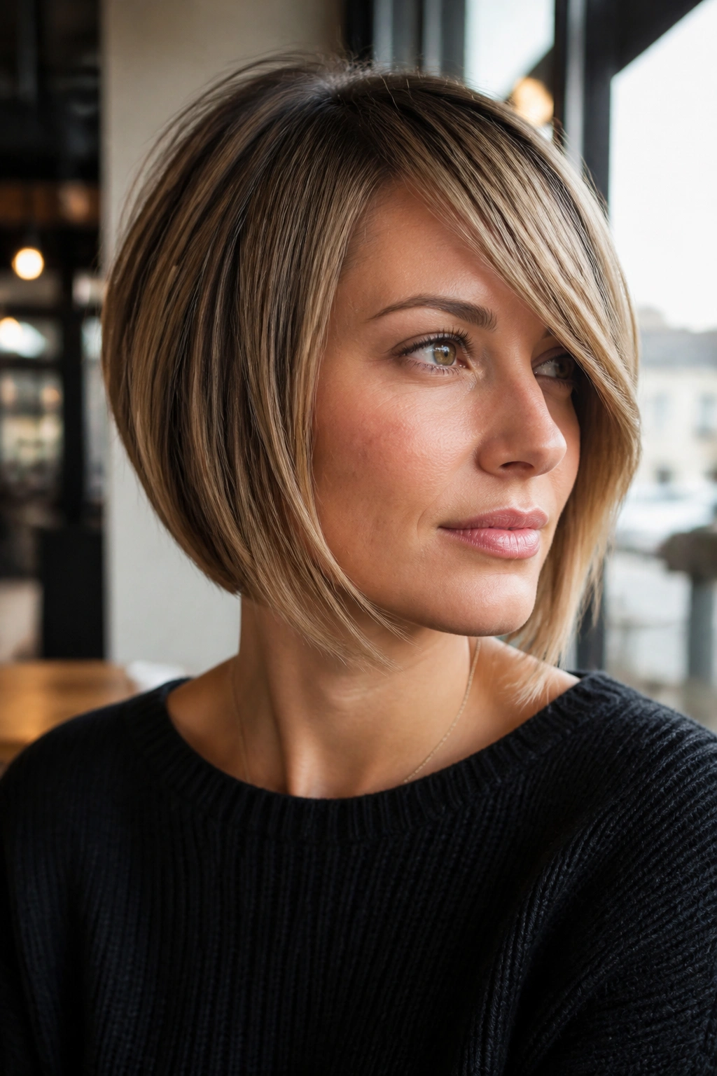 Close-up of a real woman with chin-grazing inverted bob and side sweep in daylight
