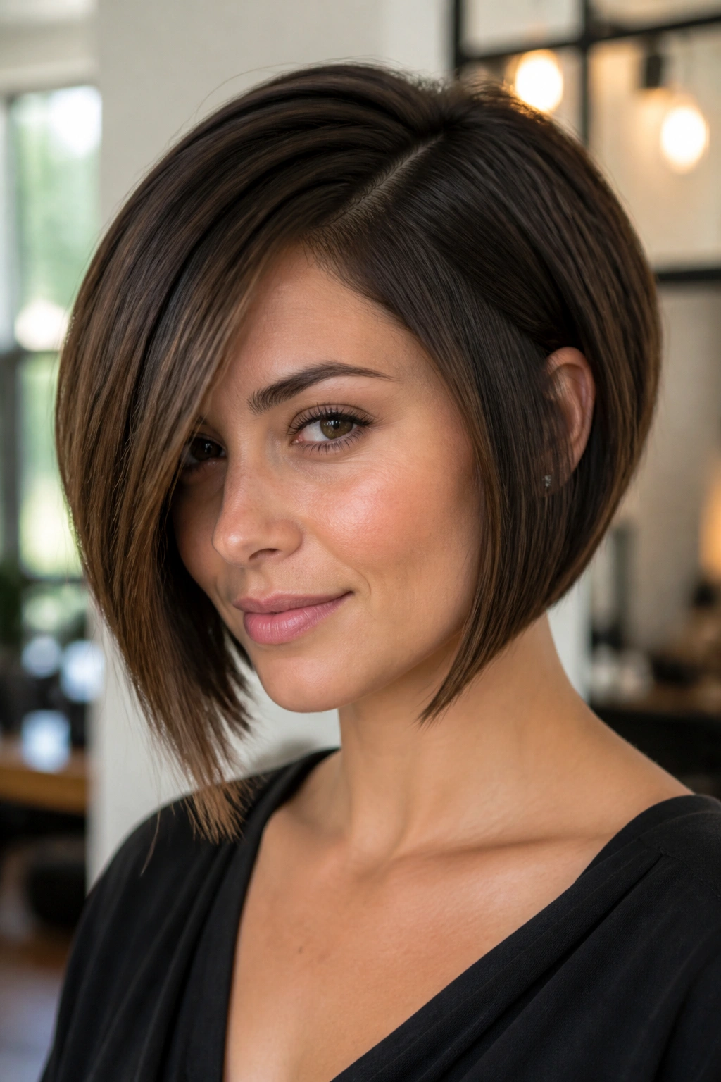 Close-up of a real woman with chin-grazing inverted bob and deep side part in a salon