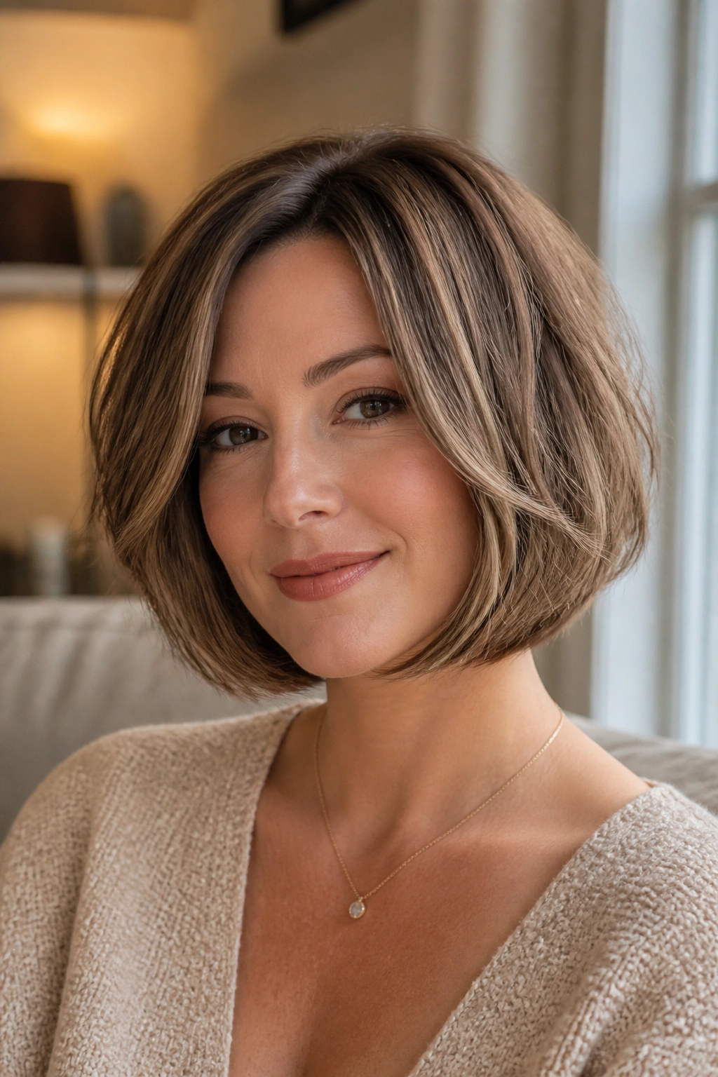 Close-up portrait of a woman with a chin-grazing layered bob hairstyle