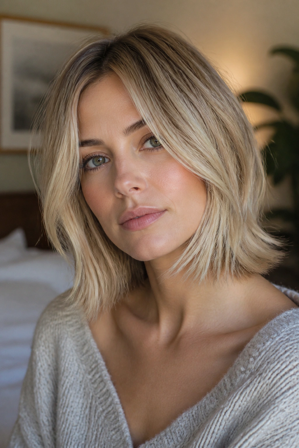 Close-up portrait of chin-grazing front layers framing the jaw in warm bedroom light