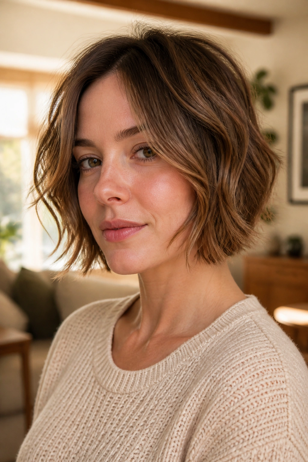Close-up of a real woman's chin-grazing shag bob with soft face framing under natural window light