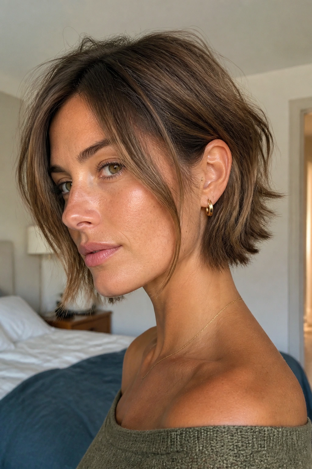 Close-up portrait of a real woman wearing a chin-grazing shag tucked behind one ear, jaw-framing layers and soft texture.