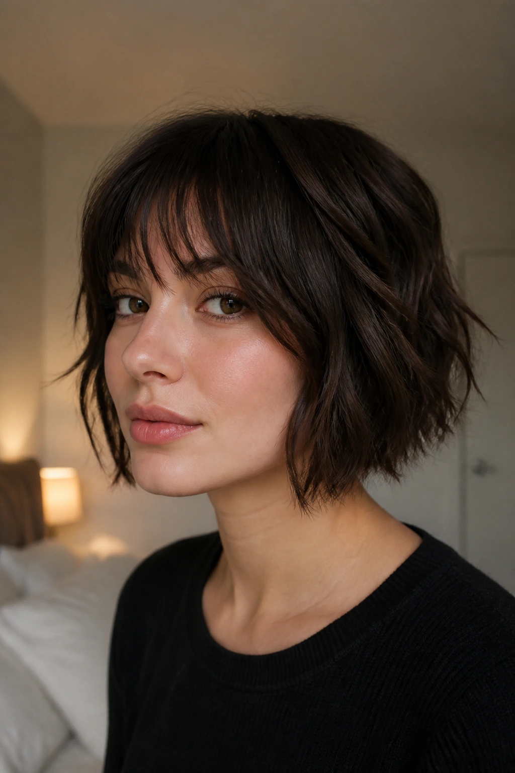 Close-up portrait of a woman with chin-grazing shag and blunt edge.