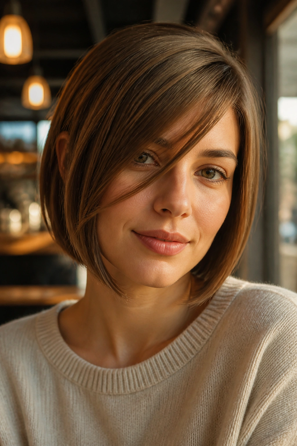 Close-up portrait of a real woman with chin-grazing side bangs