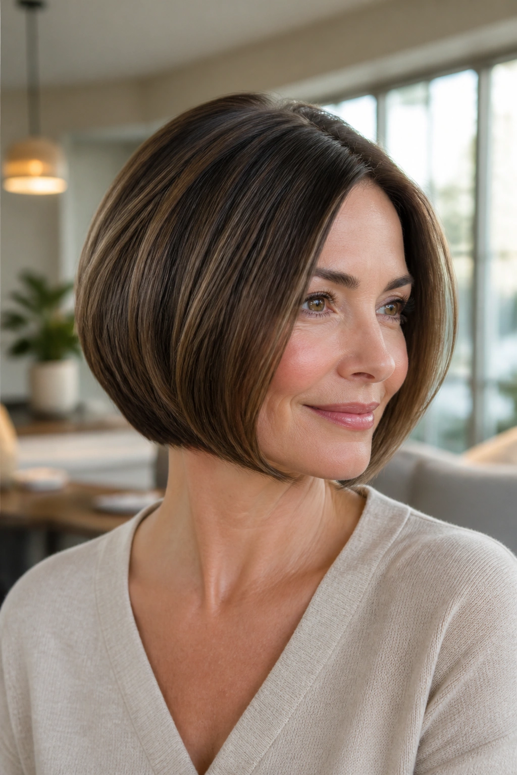 Portrait of a woman with a chin-grazing stacked bob and tucked front