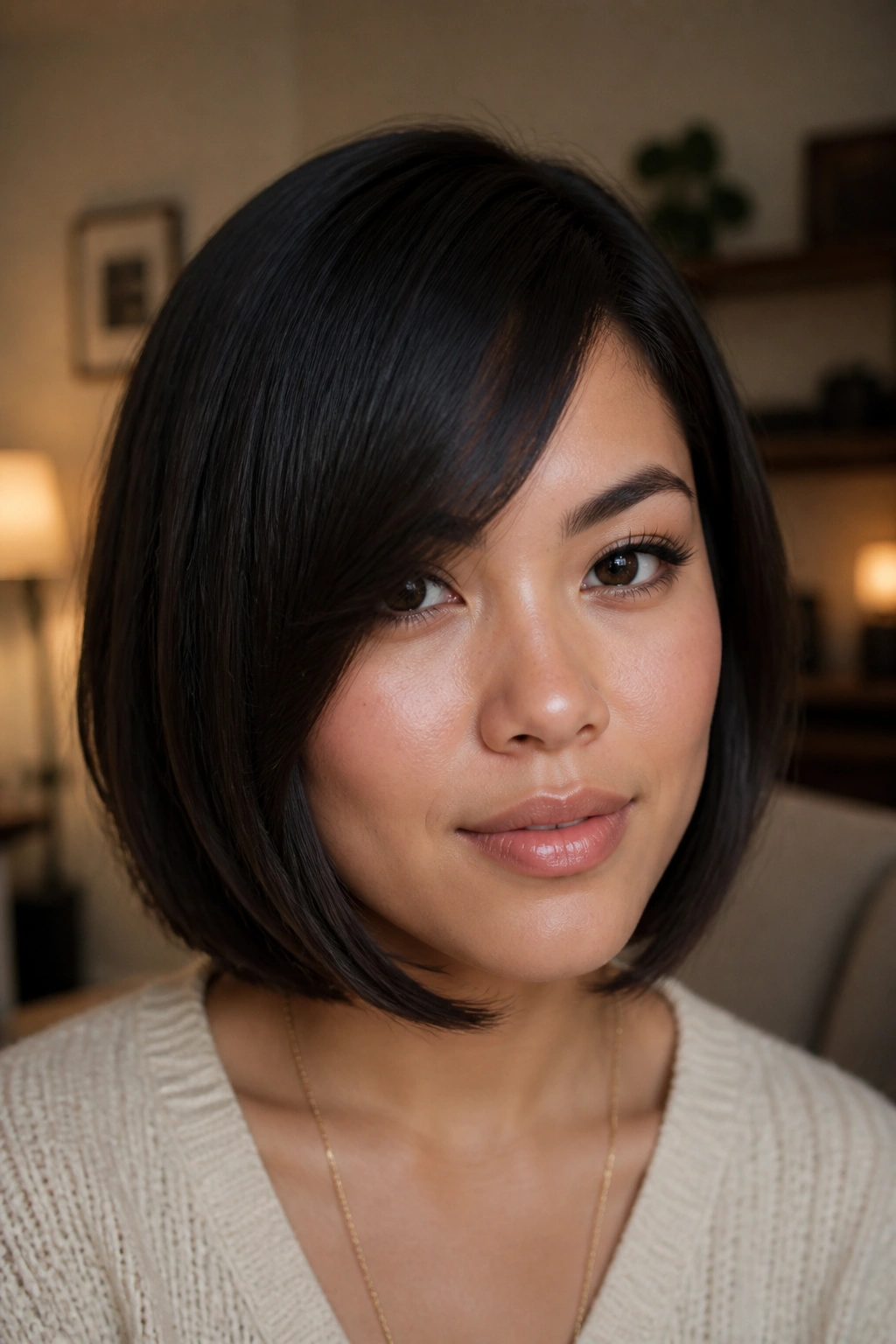 Close-up portrait of a real woman with a chin-grazing swoop fringe in warm indoor lighting