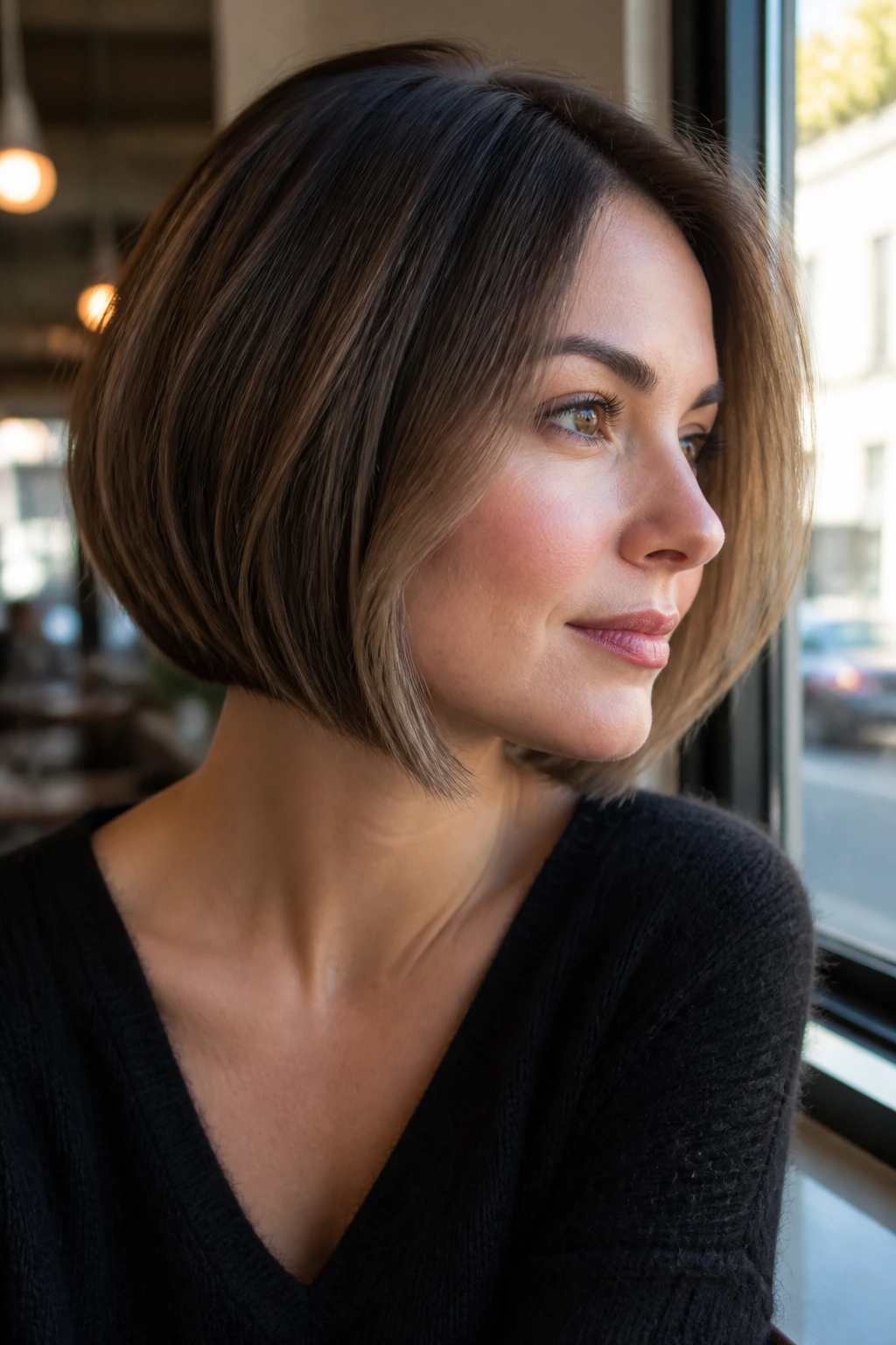 Real woman wearing chin-length A-line bob with a soft edge under warm daylight