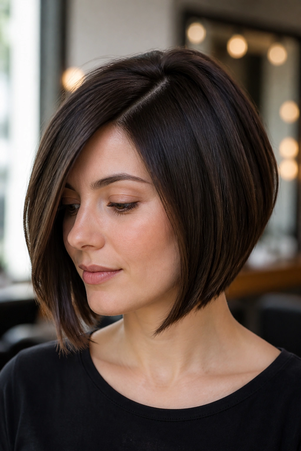 Close-up portrait of a real woman with chin-length A-line bob
