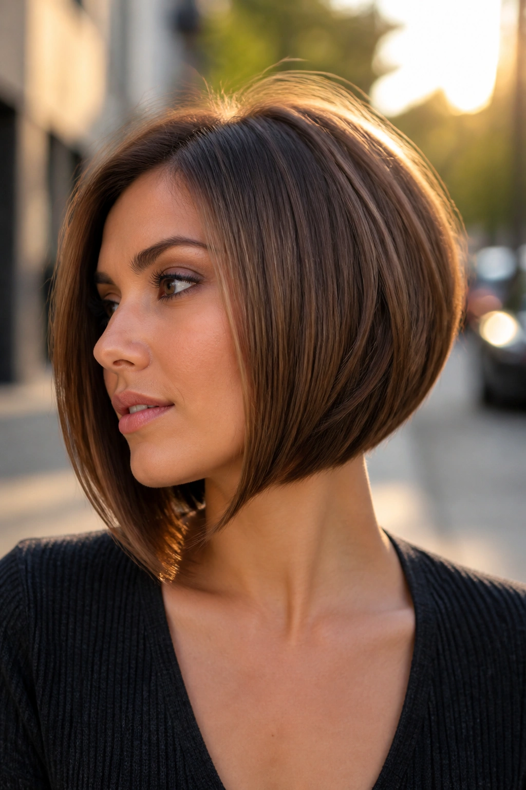 Close-up of a real woman with a chin-length angled bob with beveled ends