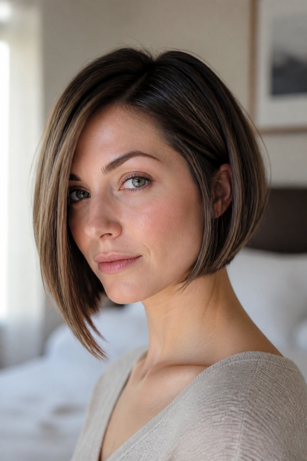 Close-up portrait of a real woman with a chin-length asymmetrical bob featuring a crisp edge and subtle asymmetry.