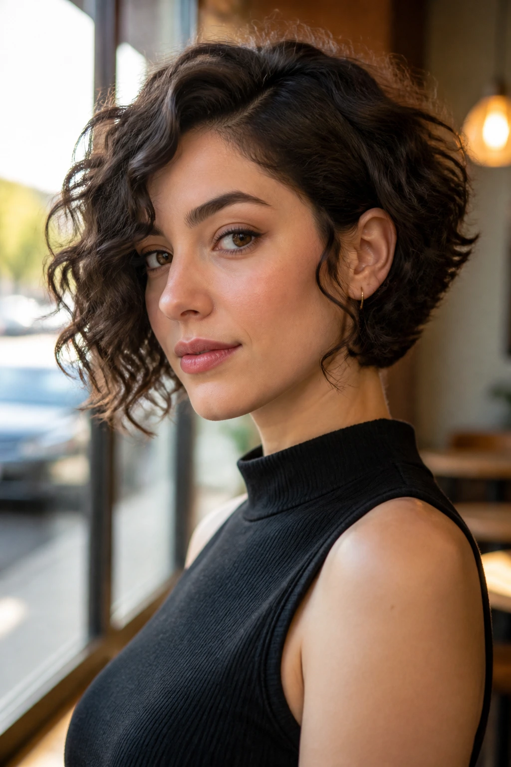 Close-up portrait of a real woman with chin-length asymmetrical curl cut and long ear line