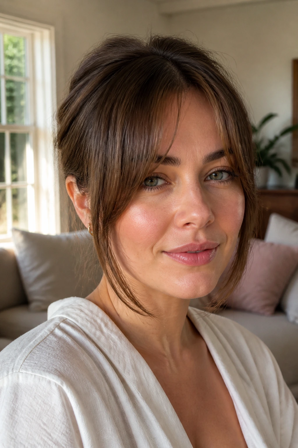 Close-up portrait of a real woman with chin-length face-framing bangs