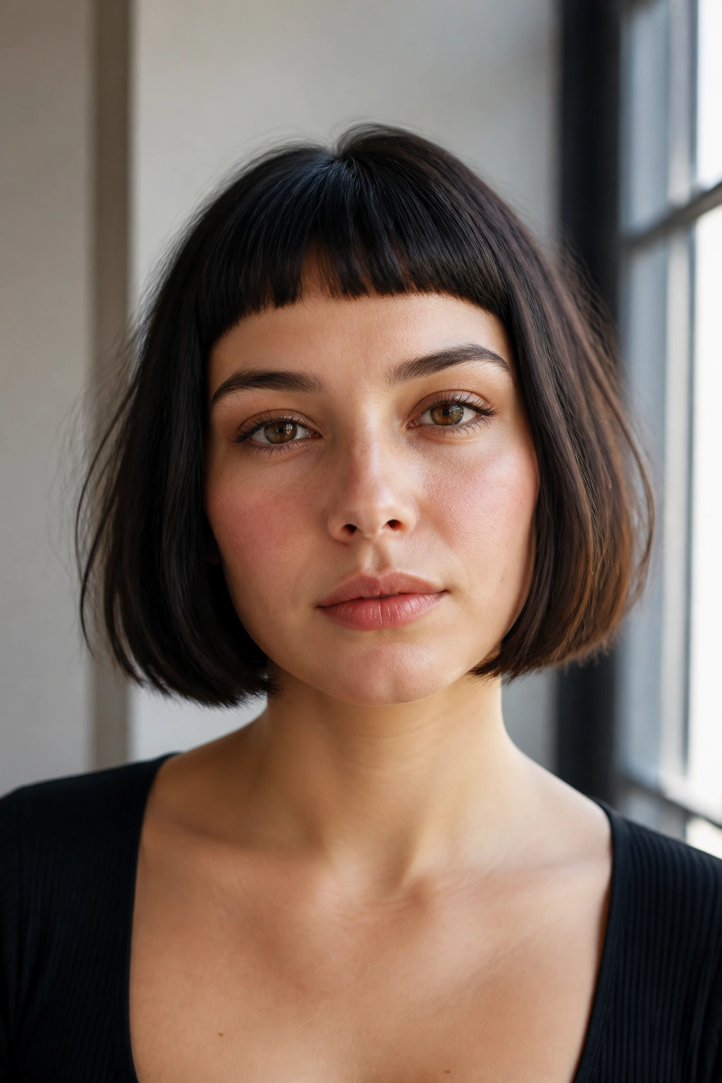 Close-up of a woman with a chin-length blunt bob and micro bangs in bright light.