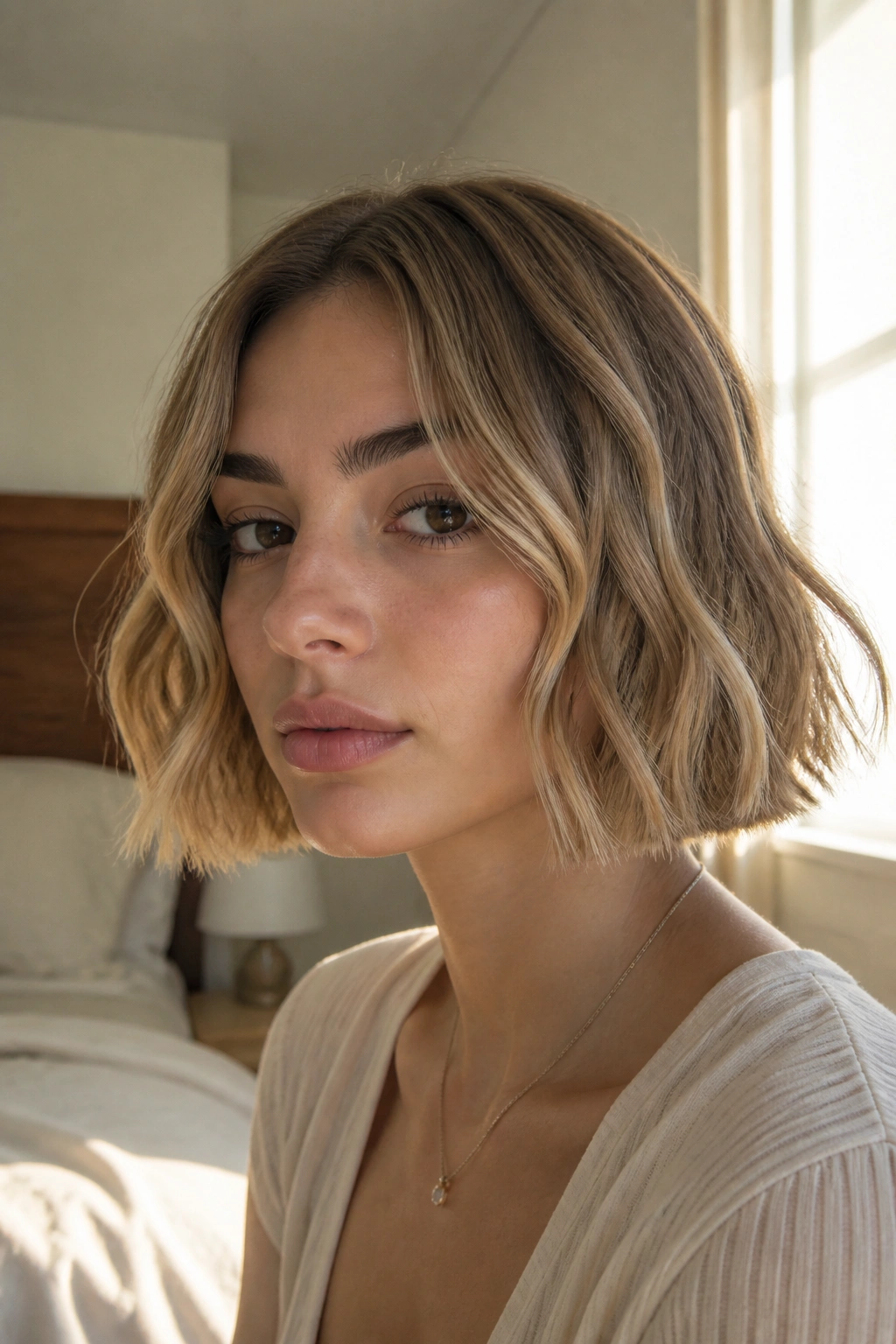 Close-up of a woman with chin-length blunt wavy bob in warm bedroom light