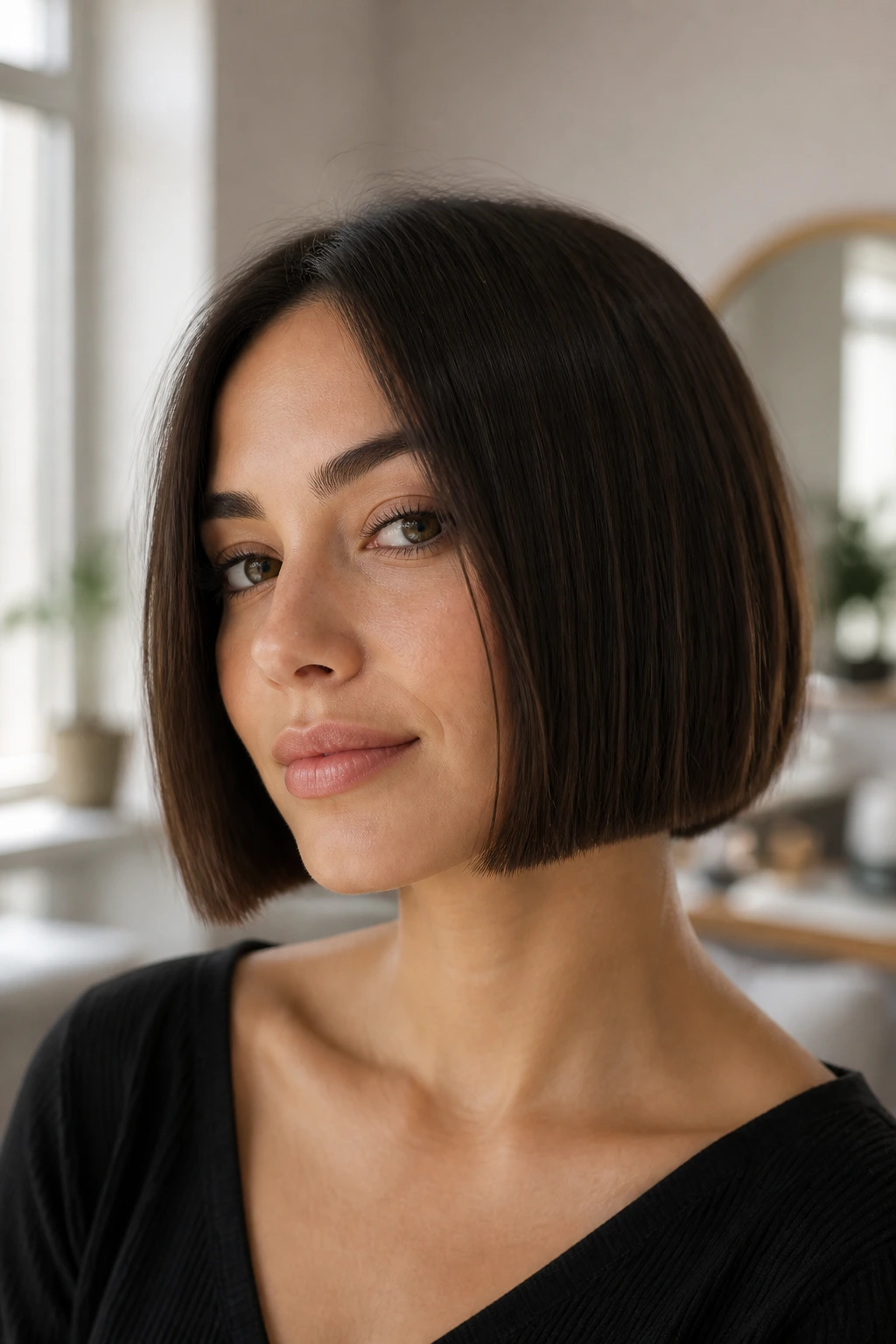 Close-up of a real woman with a blunt chin-length bob.